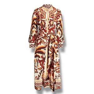Printed Tie-Waist Midi Dress in Rust & Cream